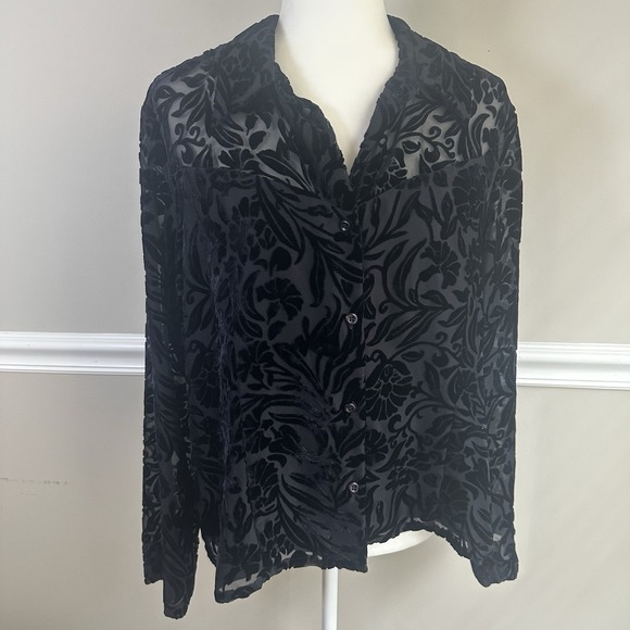 Emma James Navy Burnout Velvet Sheer Blouse 14 Whimsigoth Witchy‎ Romantic - Picture 1 of 8